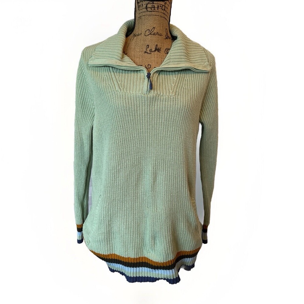 D&Co‎ Active Womens Sage Green Shaker Stitch Quarter Zip Striped Sweater Large